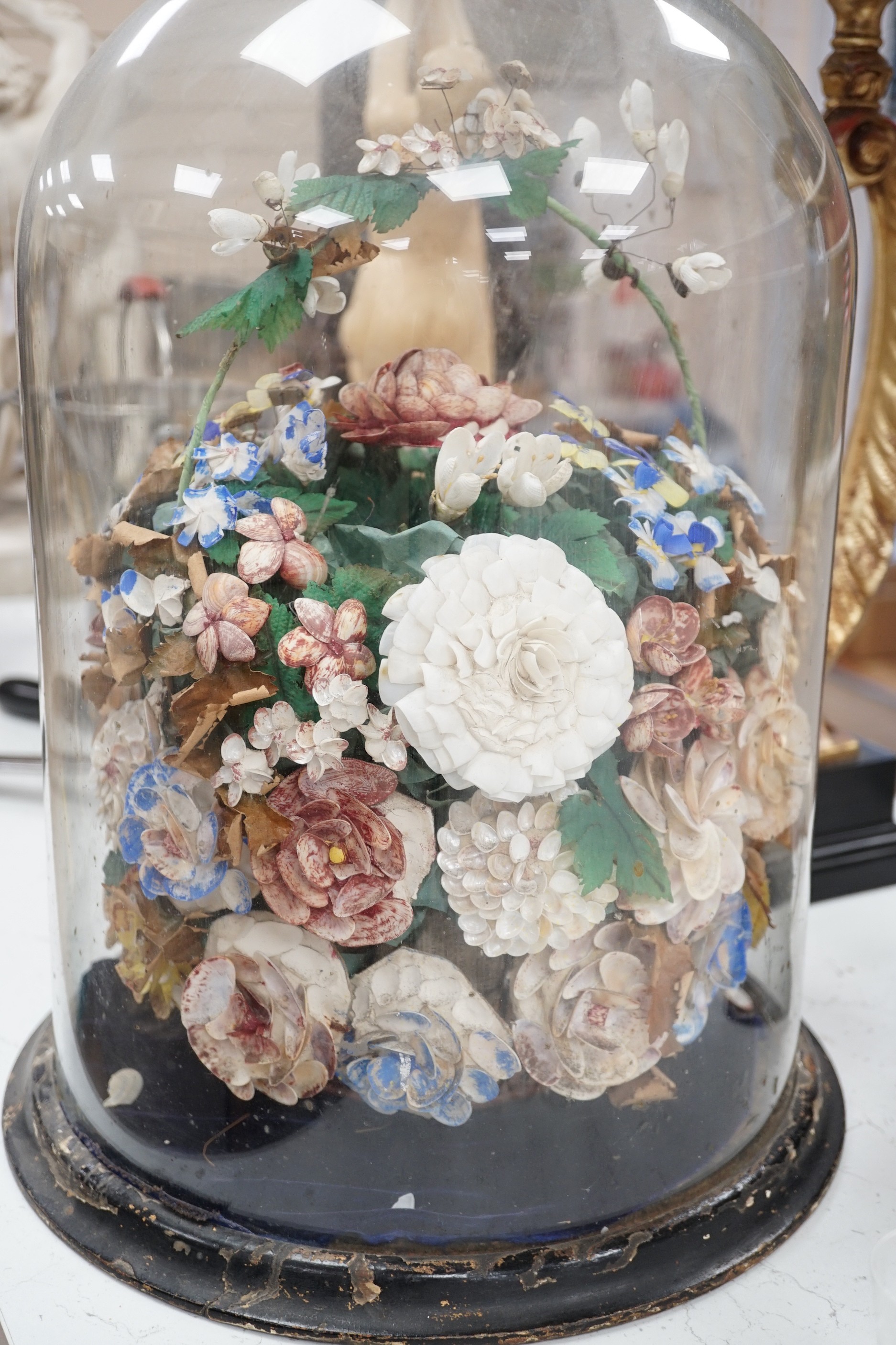 A French decorative shell and floral display under glass dome. 46cm high